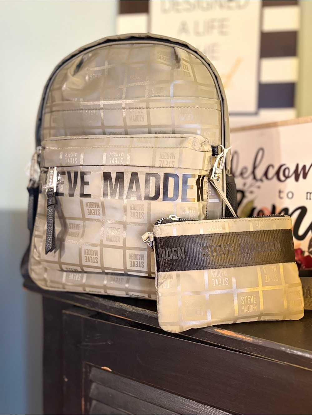 NWTSteve Madden Olive Metallic & Black Logo Backpack Wristlet